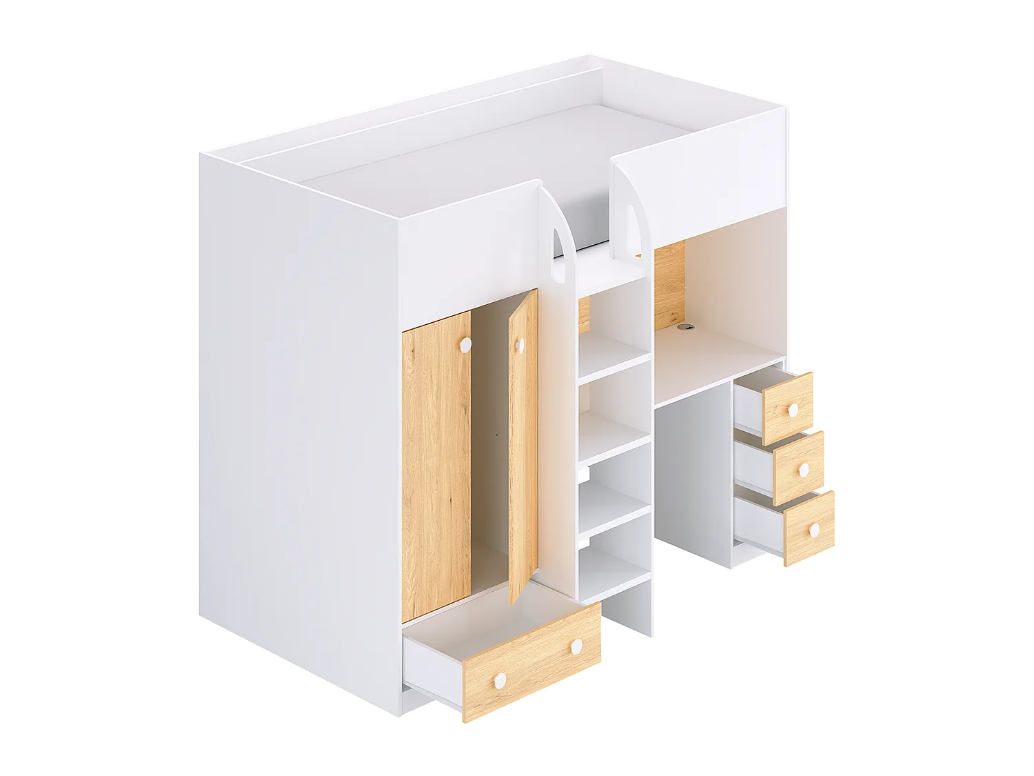 Cama alta 90x190 cm com guarda-roupa e secretária branco e natural - CINAMO