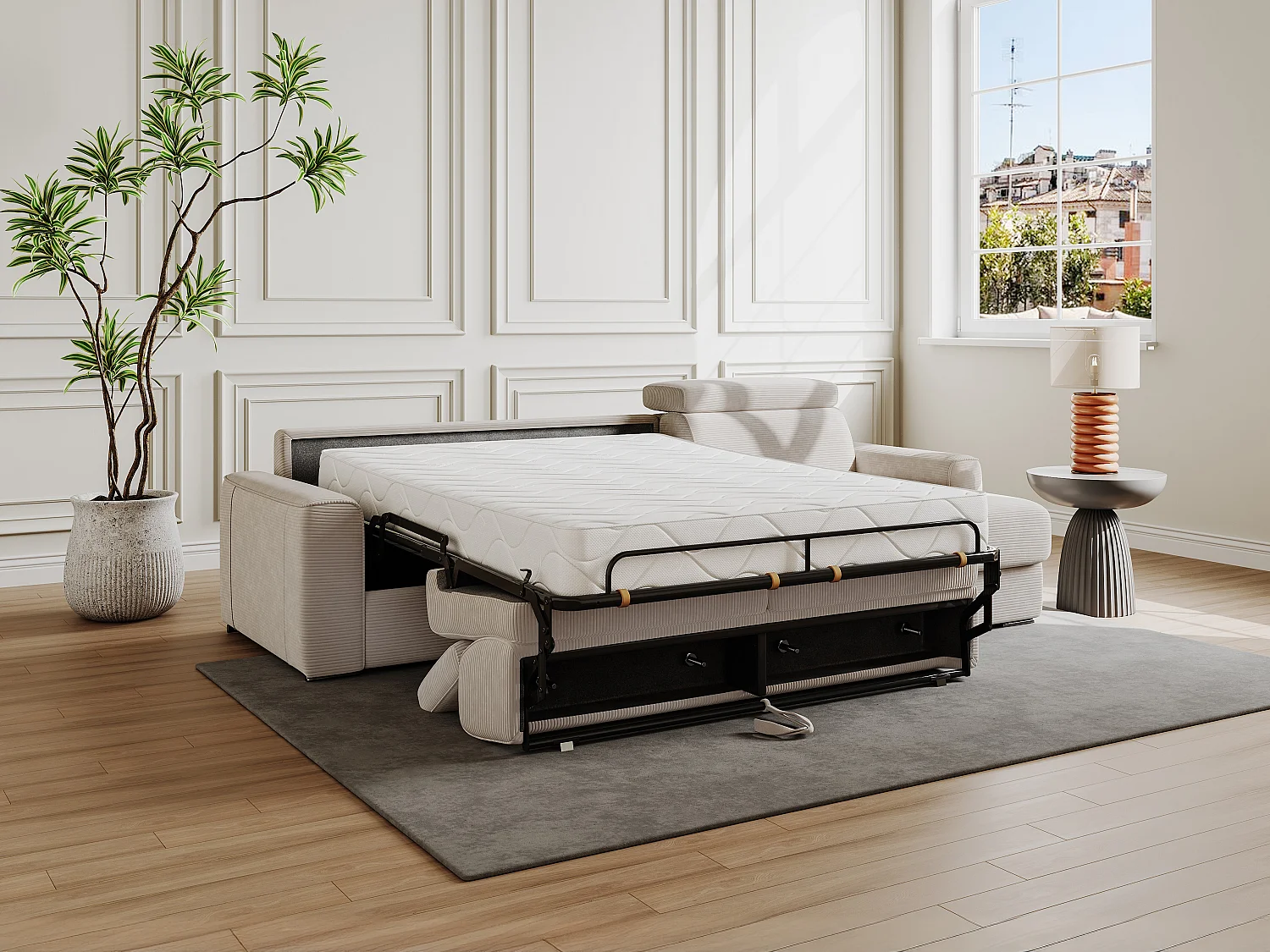 Divano letto angolare a ribalta angolo reversibile Letto 140cm Materasso 14cm in Velluto a coste Beige - VIZIR