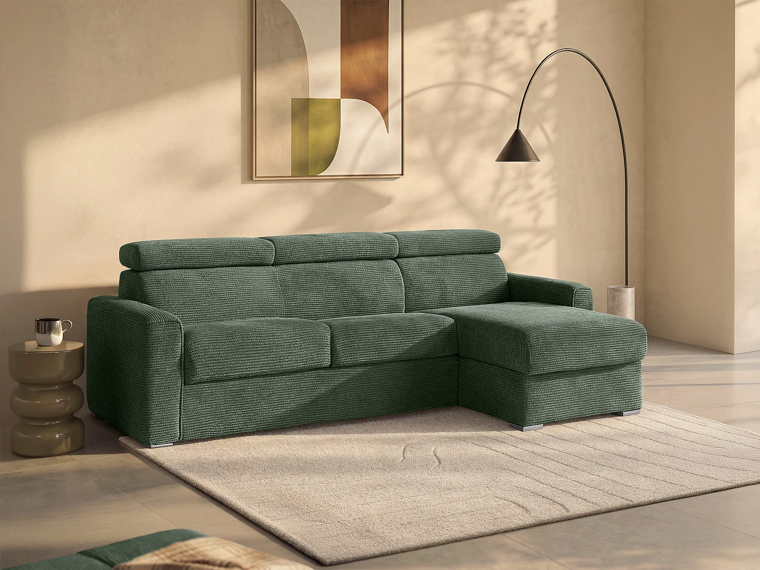 Canapé d'angle réversible convertible express en velours côtelé vert - Couchage à lattes larges 140 cm - Matelas 14 cm - VIZIR