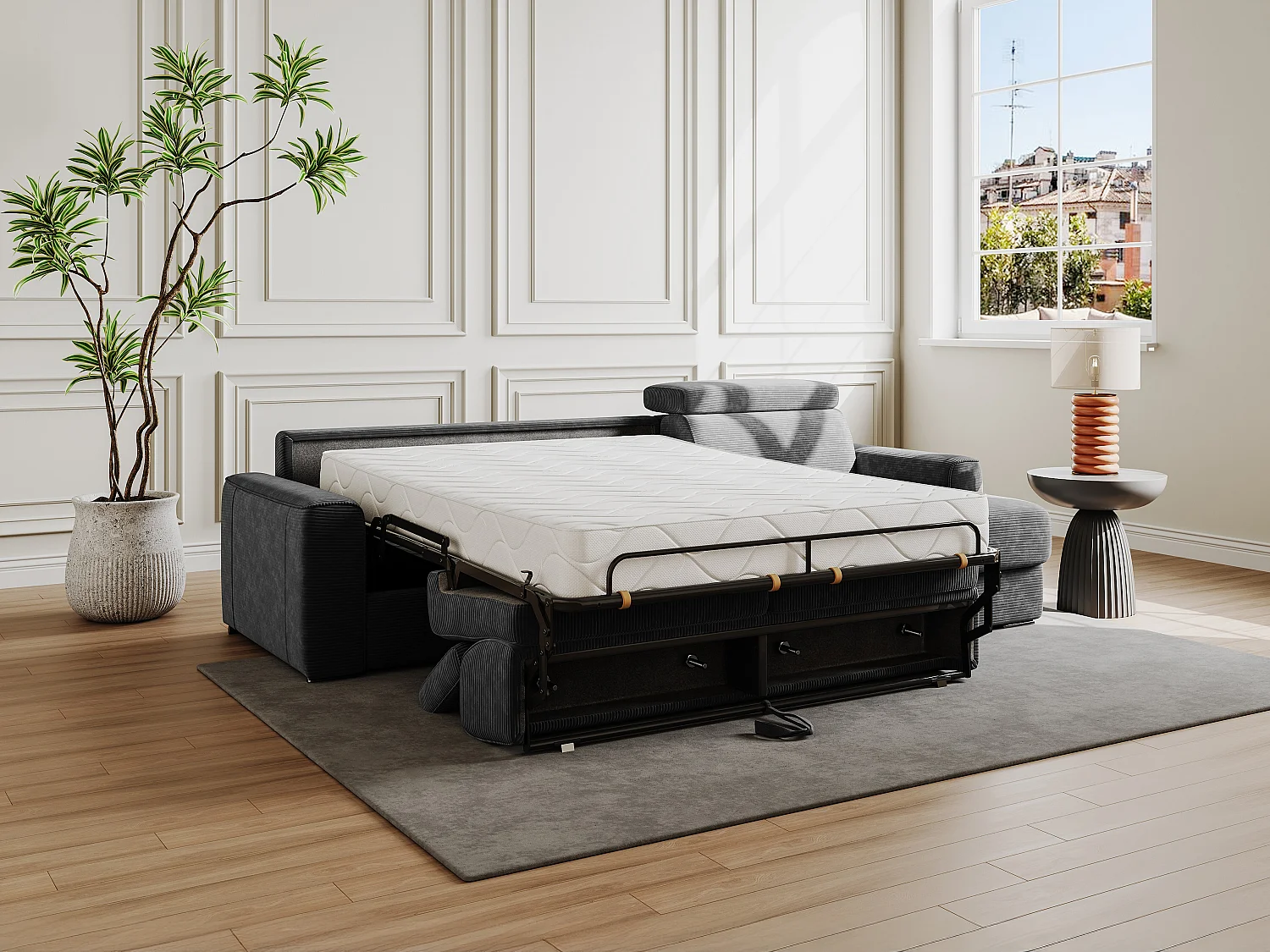 Canapé d'angle réversible convertible express en velours côtelé gris anthracite - Couchage à lattes larges 140 cm - Matelas 14 cm - VIZIR