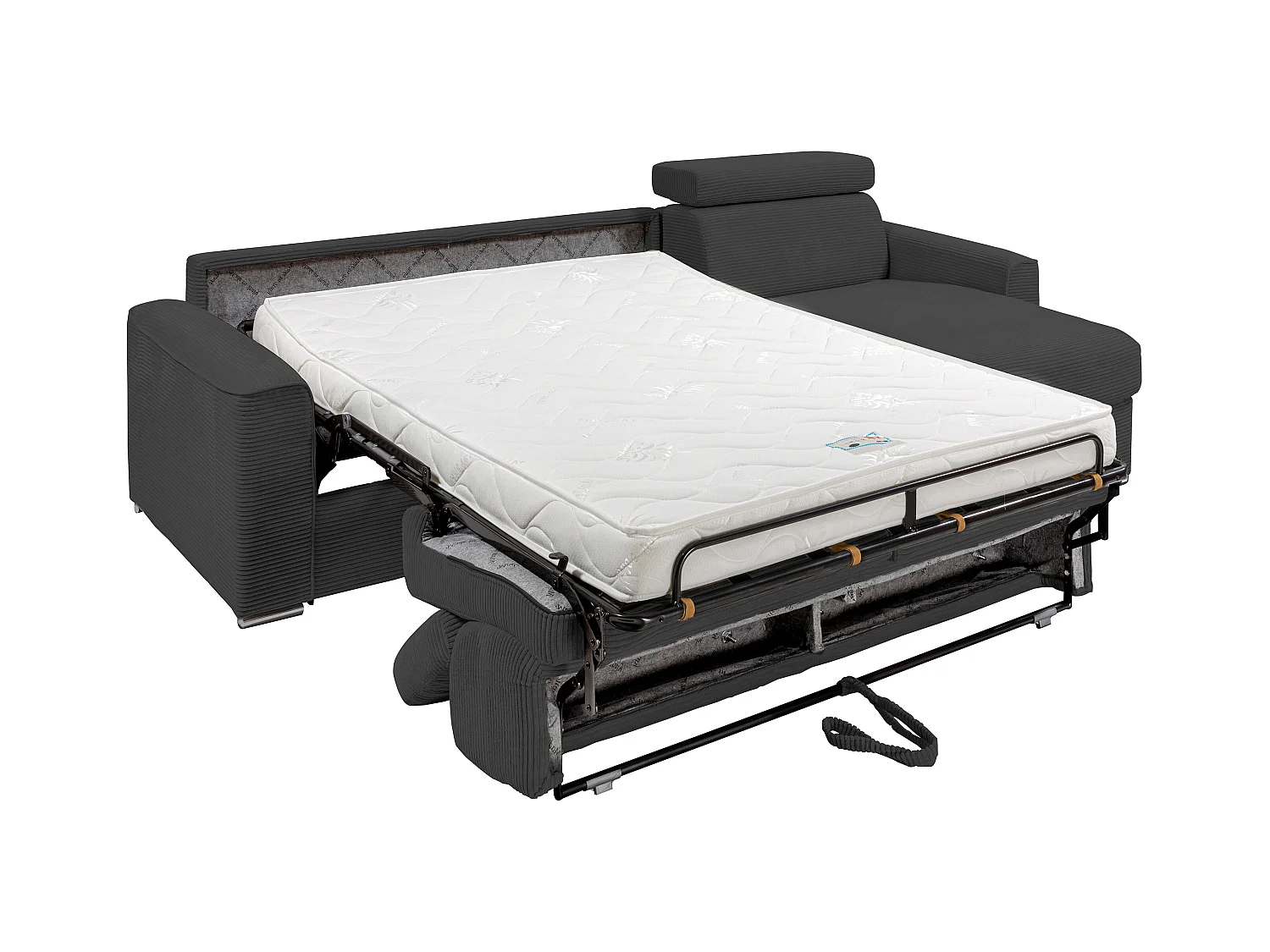 Canapé d'angle réversible convertible express en velours côtelé gris anthracite - Couchage à lattes larges 140 cm - Matelas 14 cm - VIZIR