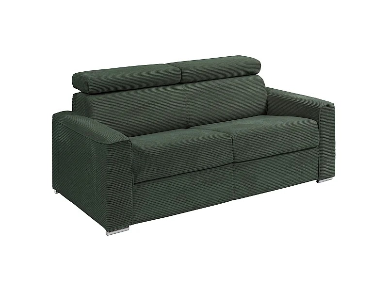 Sofá de 3 lugares convertível abertura rápida veludo canelado verde, cama de 140 cm, colchão de 14 cm - VIZIR