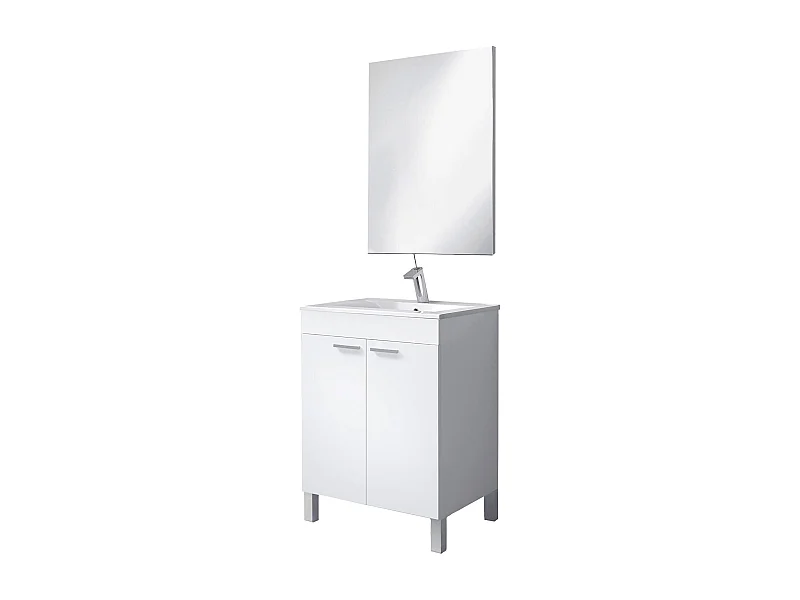Meuble sous-vasque Naperville, Meuble de salle de bain, armoire 2 portes avec miroir, lavabo non inclus, 60x45h80 cm, Blanc brillant
