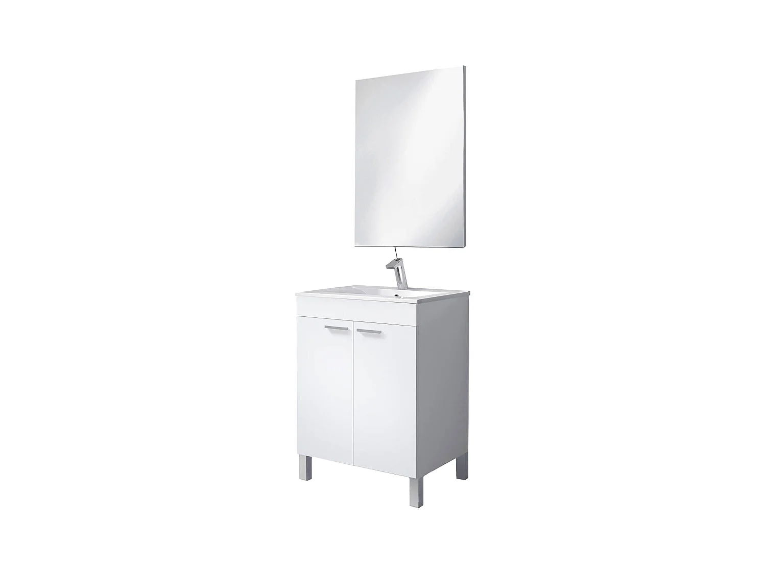 Meuble sous-vasque Naperville, Meuble de salle de bain, armoire 2 portes avec miroir, lavabo non inclus, 60x45h80 cm, Blanc brillant
