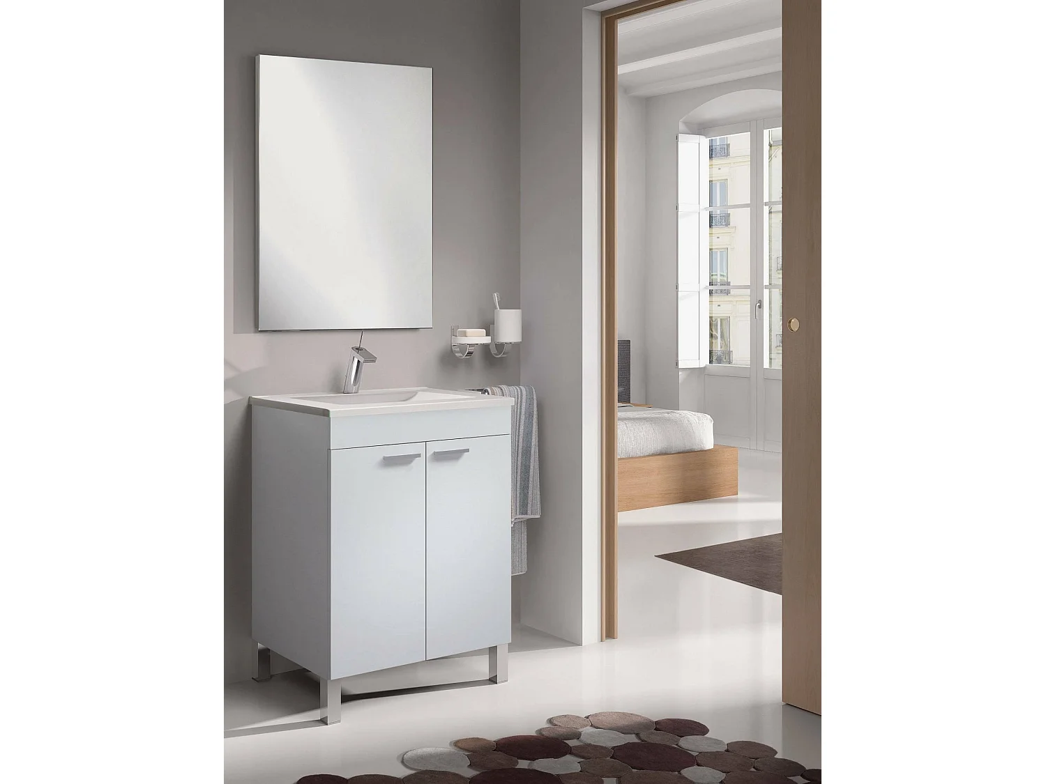 Dmora - Mobile sotto lavabo Abaco, 60x45h80 cm, Bianco lucido