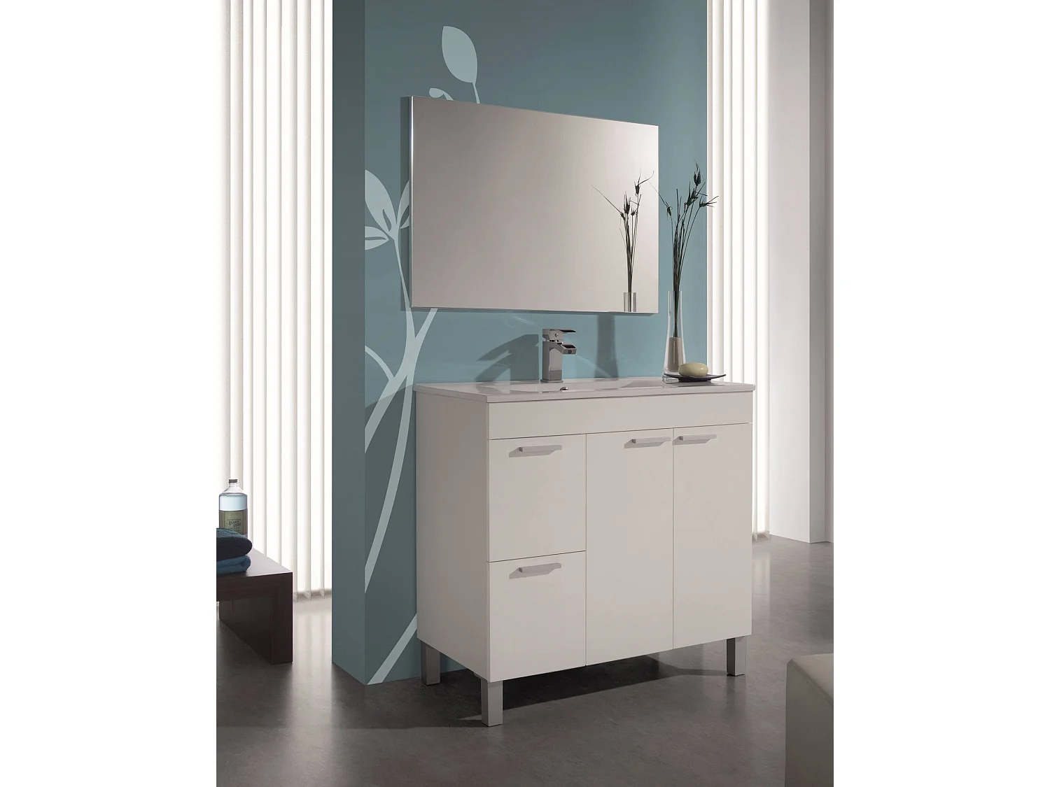 Meuble sous-vasque Dgabett, Meuble de salle de bain, armoire 2 portes avec deux tiroirs avec miroir, lavabo non inclus, 80x45h80 cm, Blanc brillant