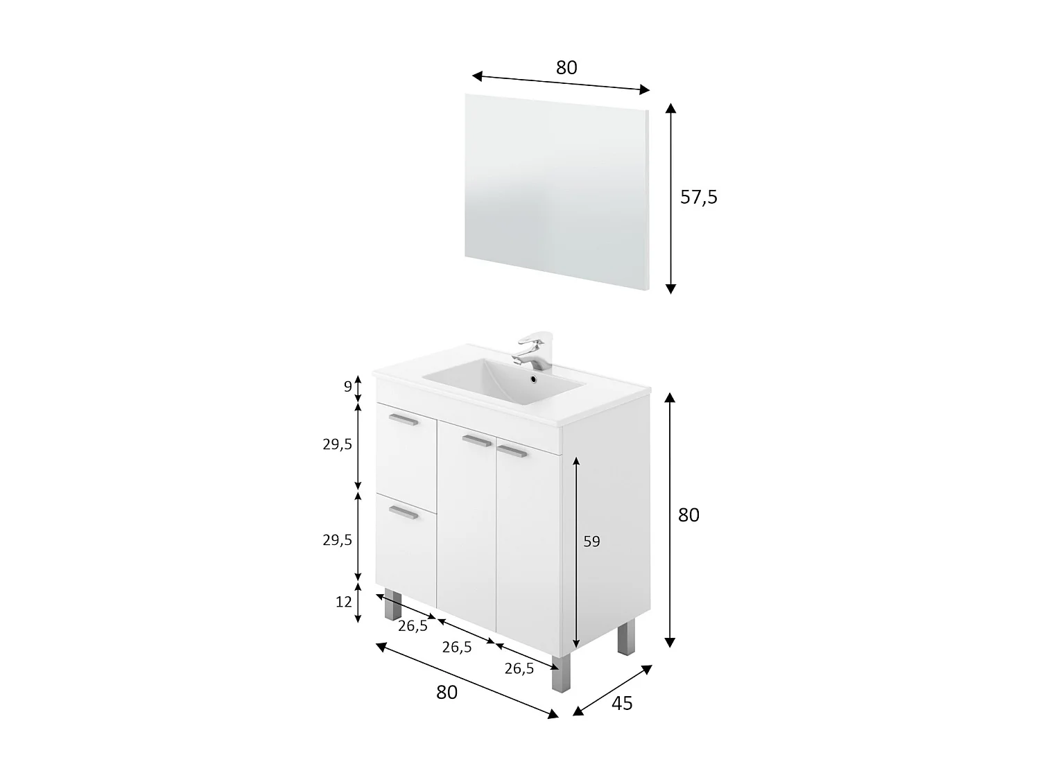 Dmora - Mobile sottolavabo Aracth, 80x45h80 cm, Bianco lucido