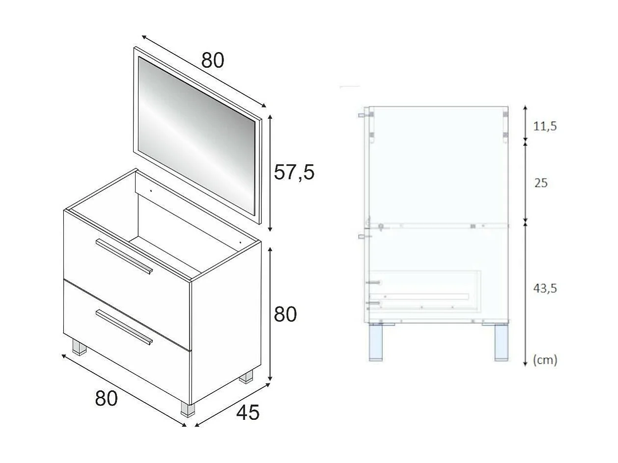Unterschrank Dfarago, Badezimmerschrank, Kleiderschrank mit 2 Schubladen und Spiegel, Waschbecken nicht enthalten, 80x45h80 cm, Aschgrau