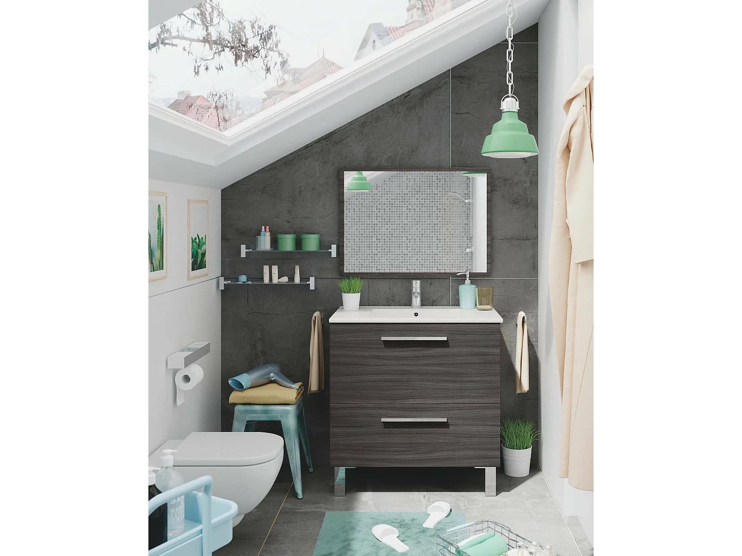 Unterschrank Dfarago, Badezimmerschrank, Kleiderschrank mit 2 Schubladen und Spiegel, Waschbecken nicht enthalten, 80x45h80 cm, Aschgrau