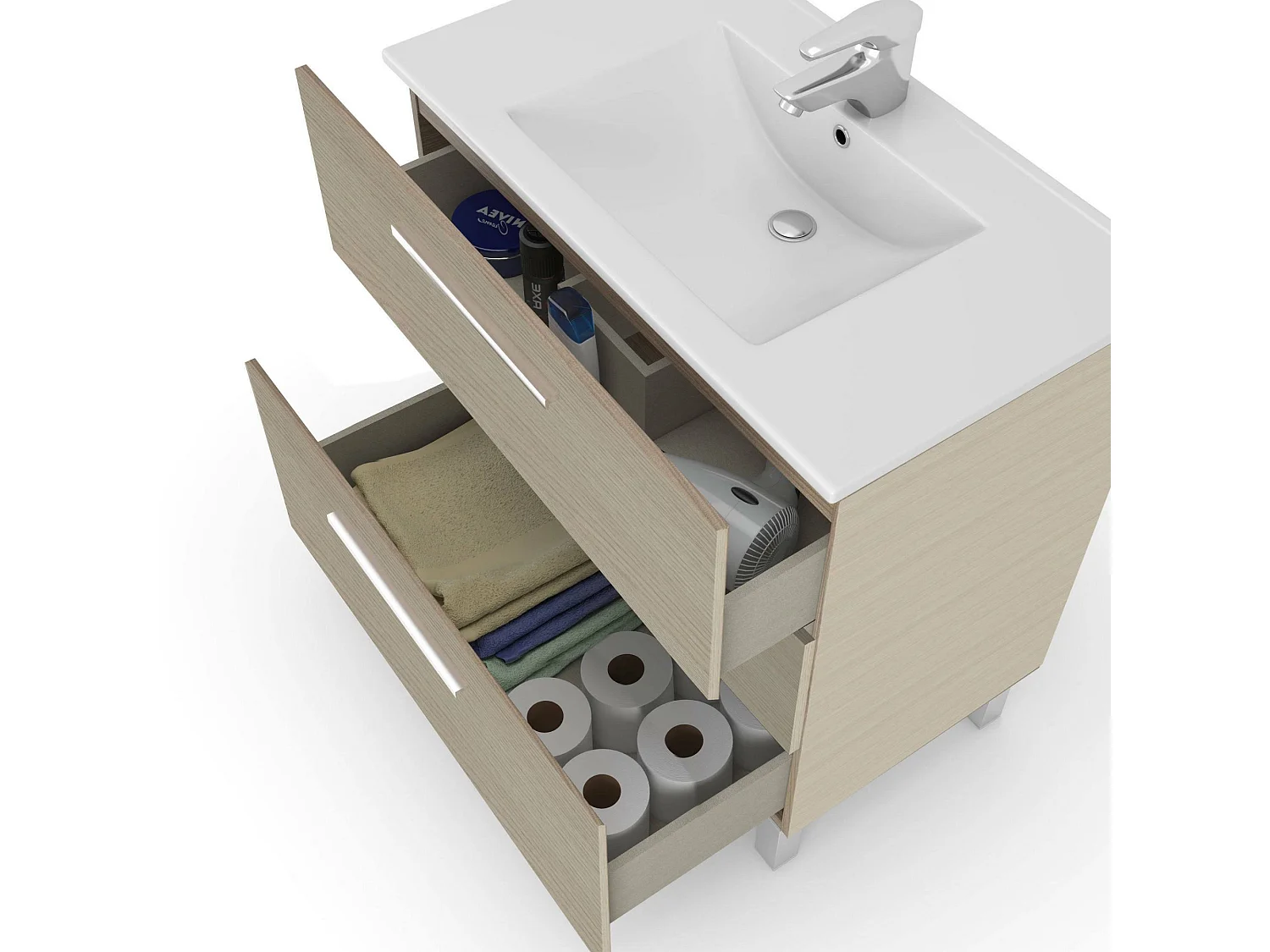 Meuble sous-vasque Dlo, Meuble de salle de bain, Meuble avec 3 tiroirs et miroir, lavabo non inclus, 80x45h86 cm, Chêne