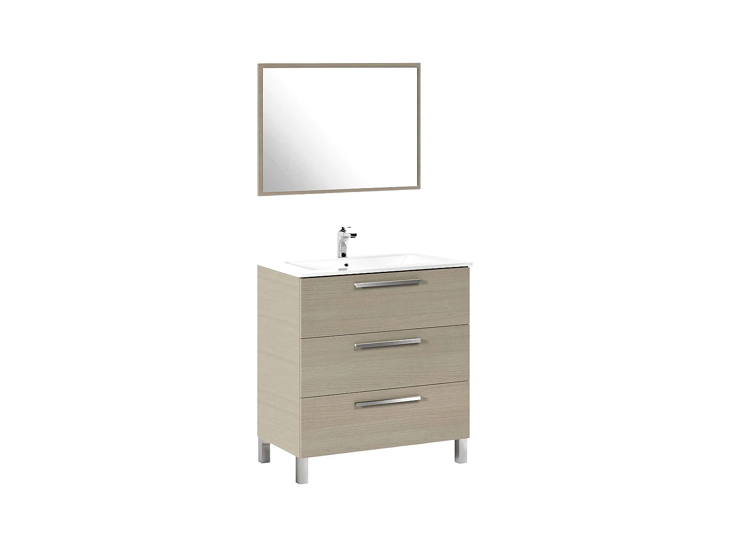 Armario bajo encimera Dlo, Mueble de baño, Armario con 3 cajones y espejo, lavabo no incluido, 80x45h86 cm, Roble