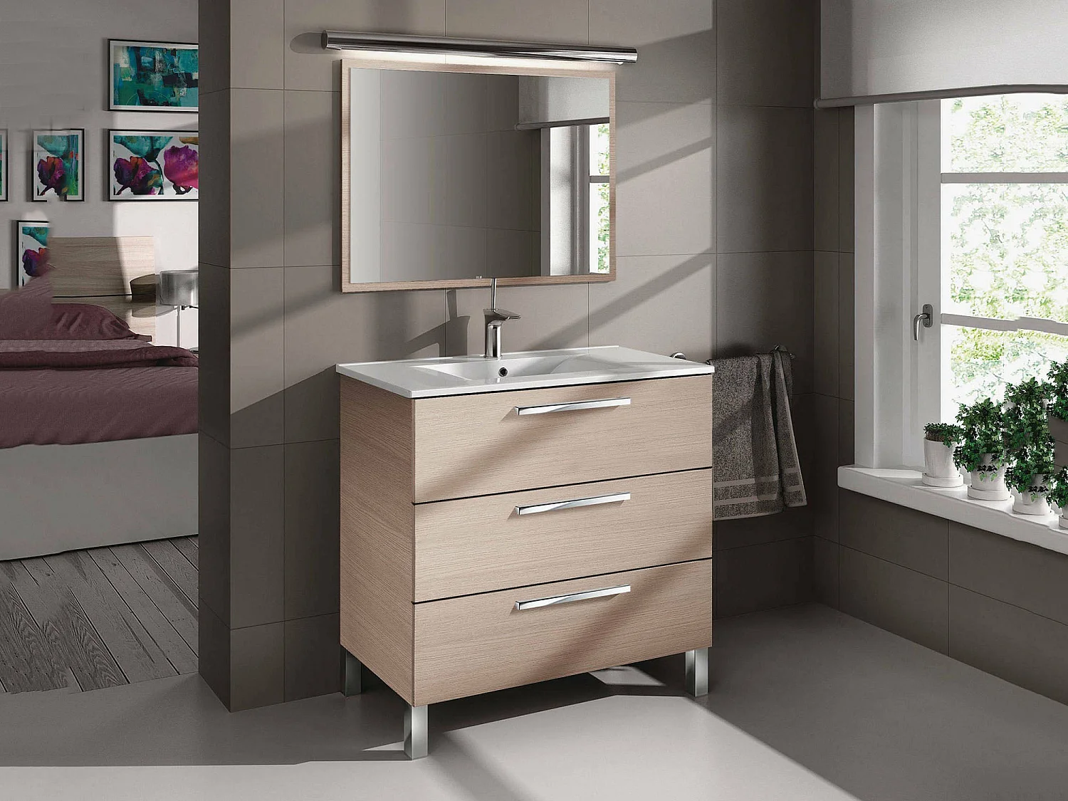 Mobile Sottolavabo Elleboro, Specchio Incluso, 86x80x45h cm Marrone Rovere