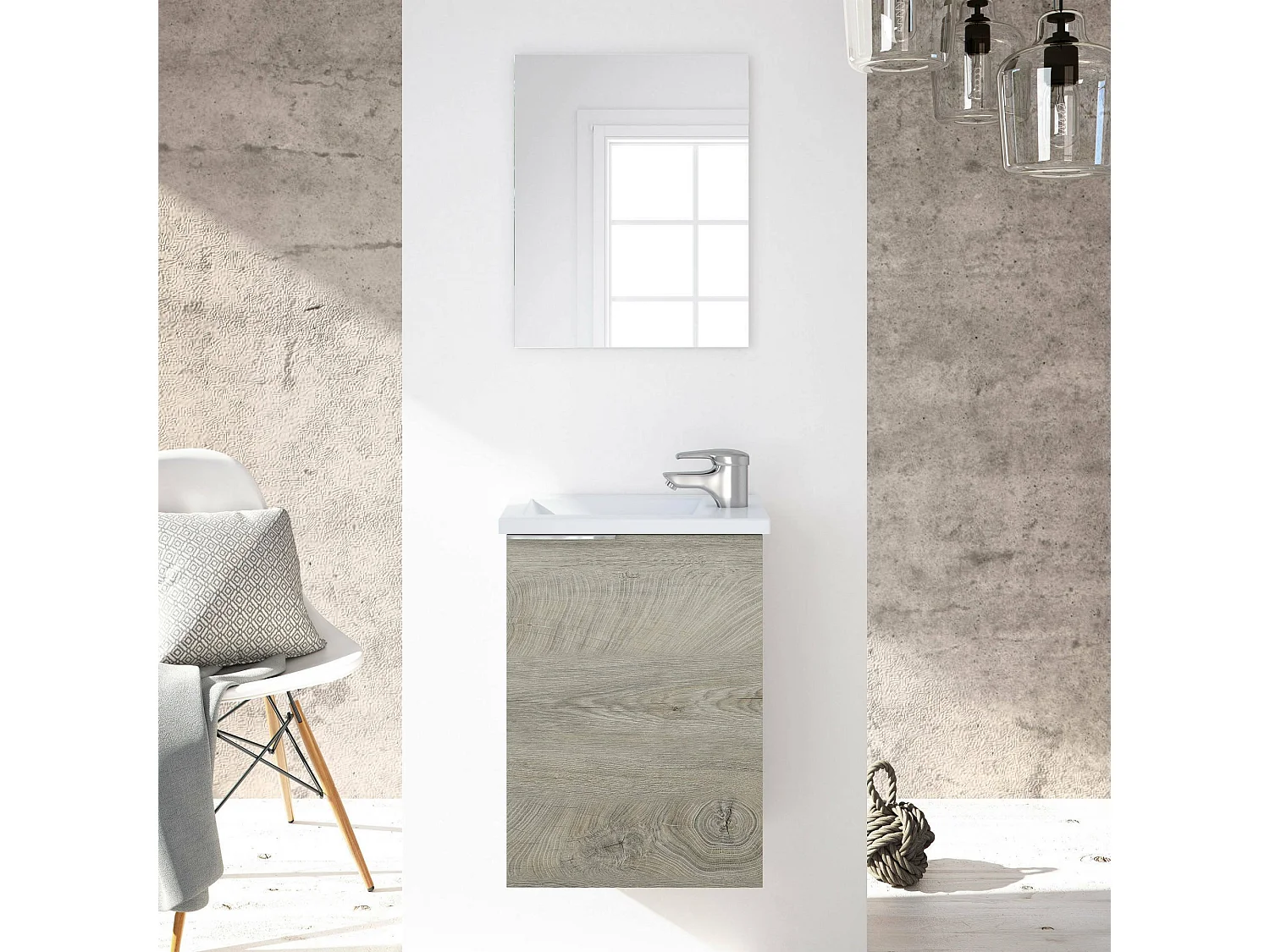 Meuble sous-vasque Dlott, Meuble de salle de bain suspendu, armoire 1 porte avec miroir et lavabo, 40x22h58 cm, Chêne