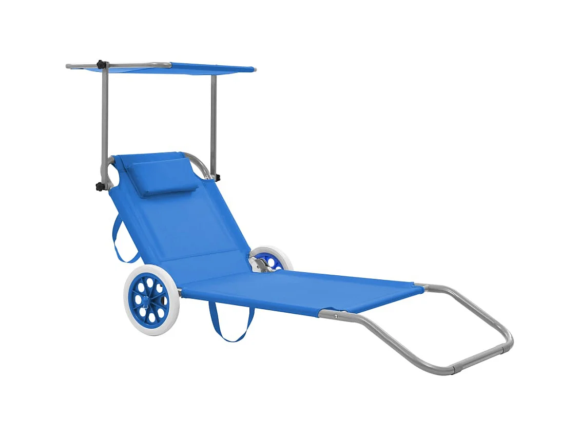 Chaise longue pliable avec auvent et roues Acier Bleu