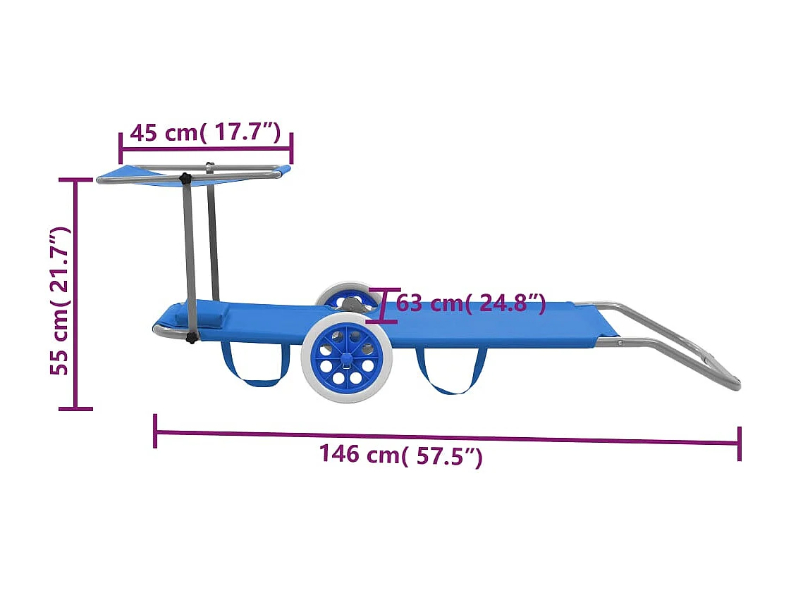 Chaise longue pliable avec auvent et roues Acier Bleu