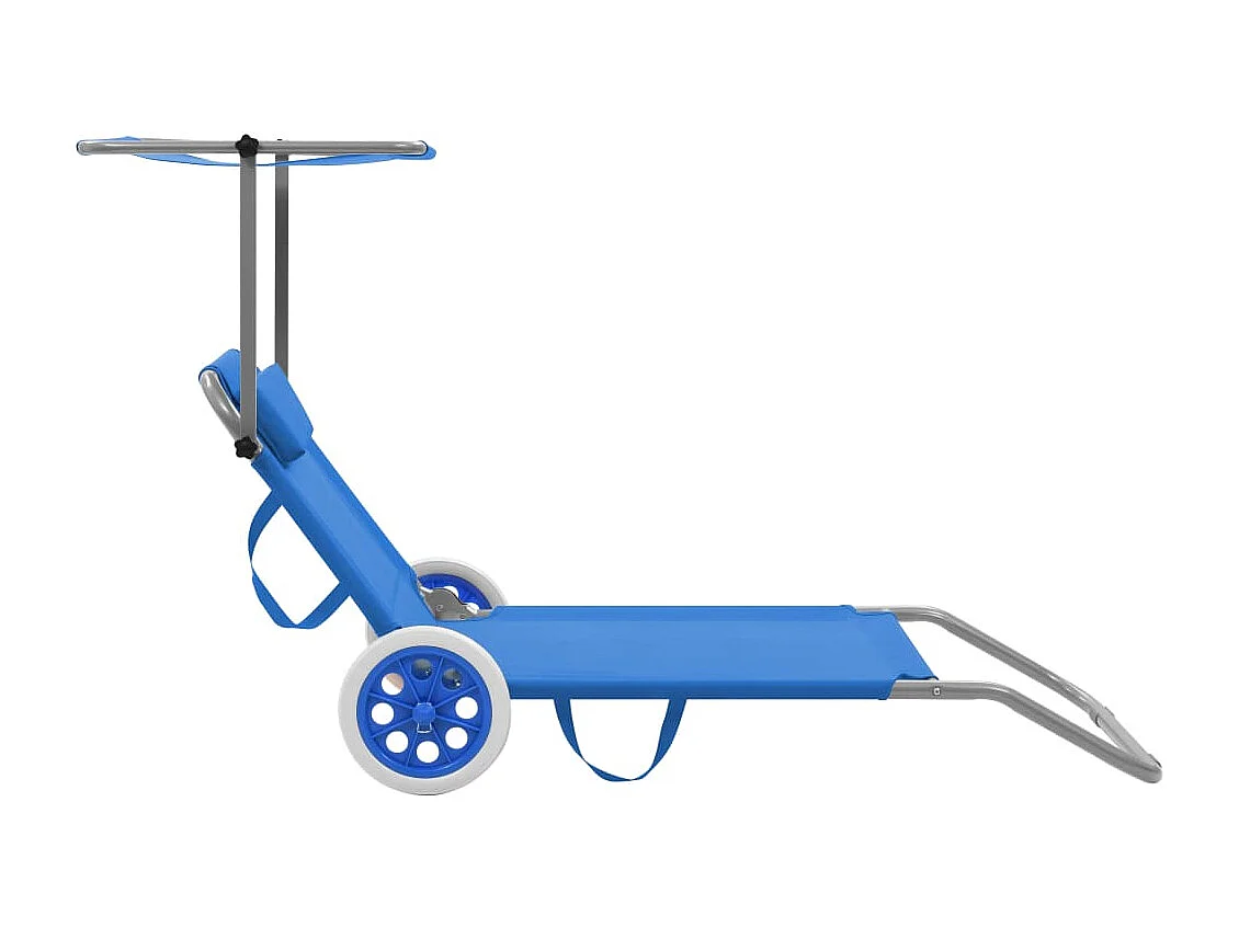 Chaise longue pliable avec auvent et roues Acier Bleu