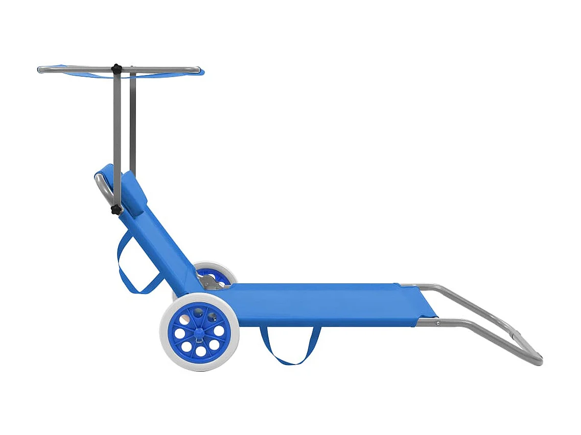 Chaise longue pliable avec auvent et roues Acier Bleu