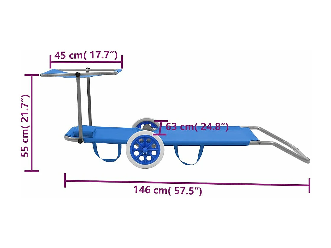 Chaise longue pliable avec auvent et roues Acier Bleu