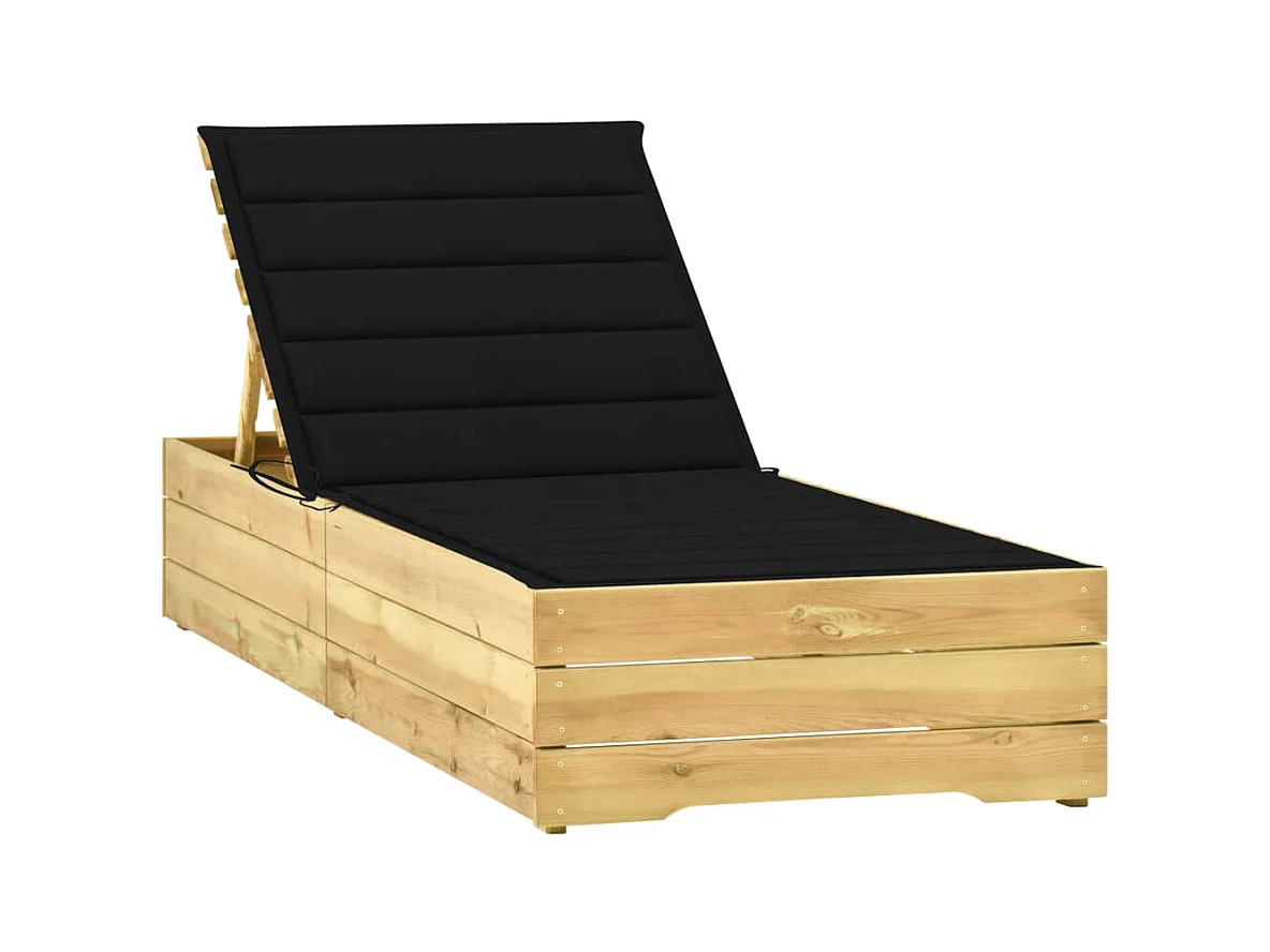Chaise longue avec coussin noir Bois de pin imprégné