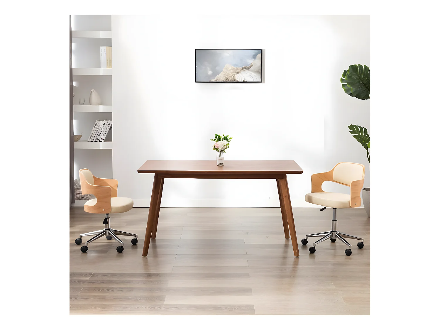 Silla de comedor giratoria madera curvada cuero sintético crema