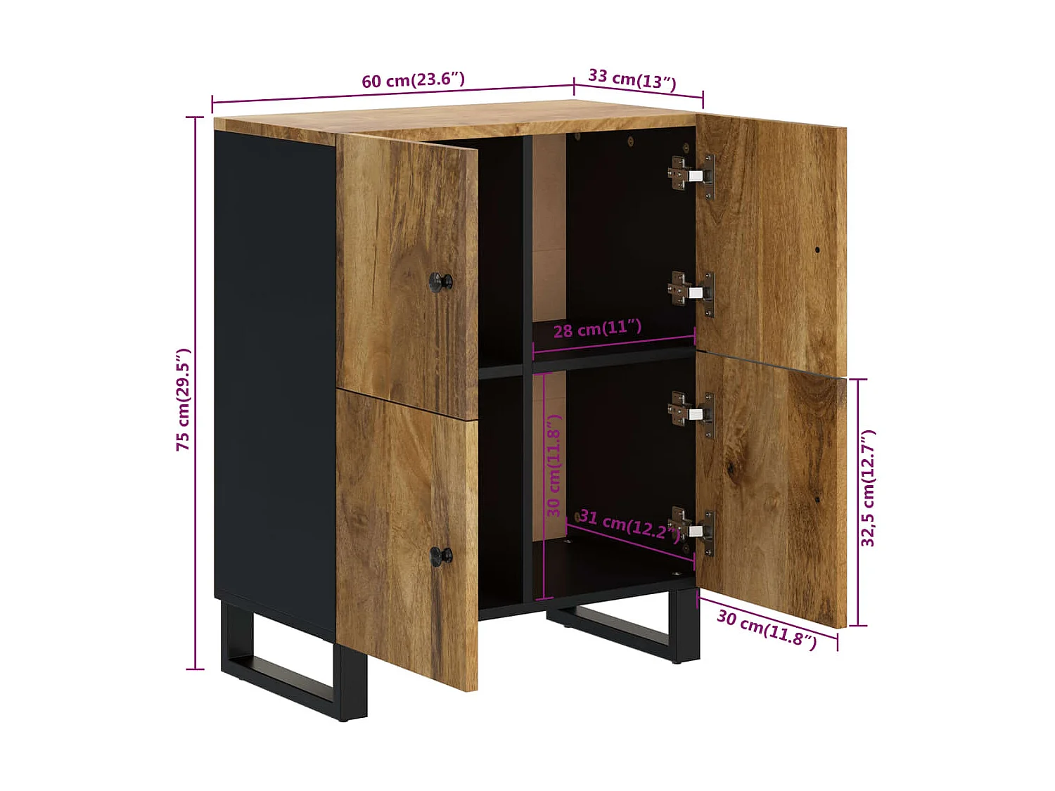 Buffet avec 4 portes 60x33x75 cm bois massif de manguier