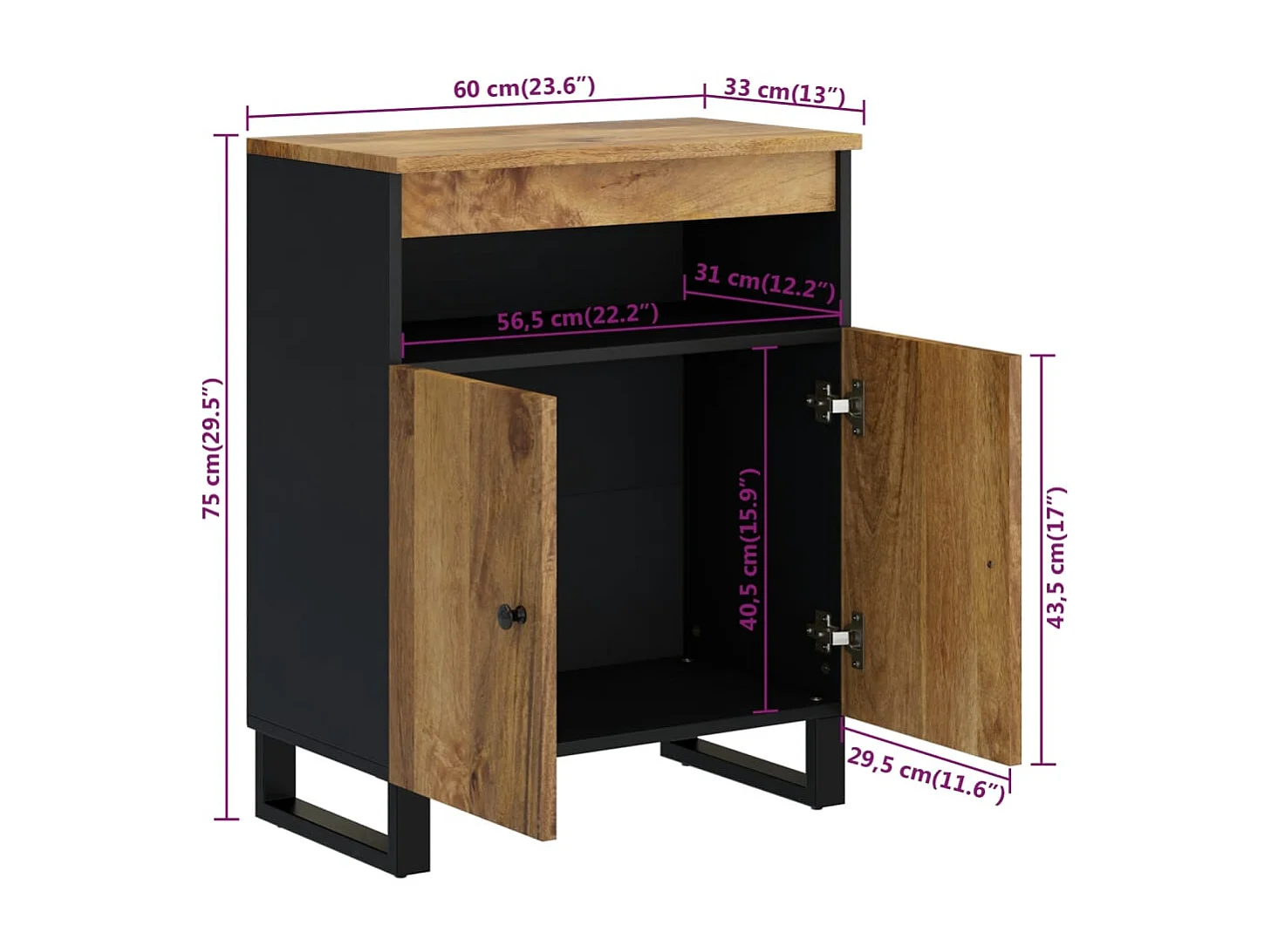 Aparador con 2 puertas madera maciza de mango 60x33x75 cm