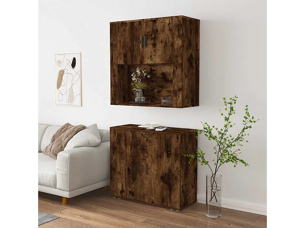 Hoge kast bewerkt hout gerookt eikenkleurig