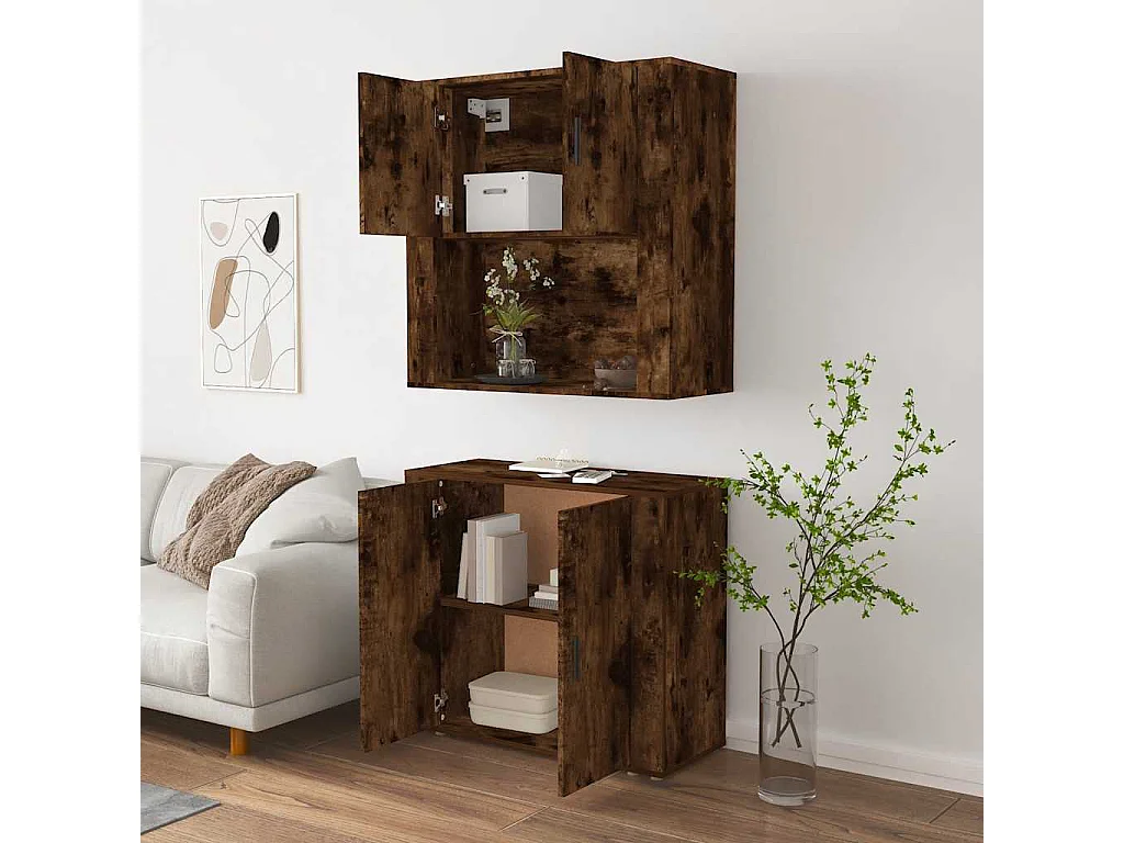 Hoge kast bewerkt hout gerookt eikenkleurig