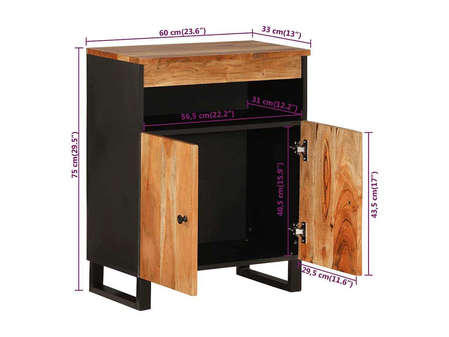 Aparador con 2 puertas madera maciza de acacia 60x33x75 cm