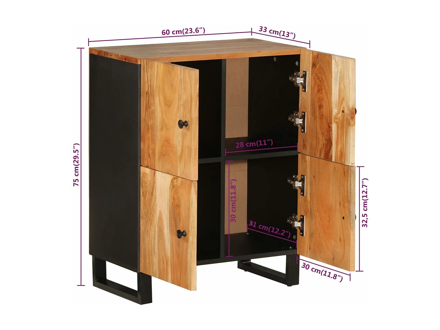 Aparador con 4 puertas madera maciza de acacia 60x33x75 cm