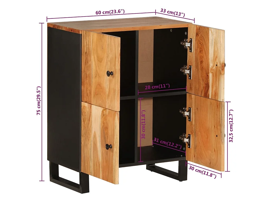 Buffet avec 4 portes 60x33x75 cm bois massif d'acacia