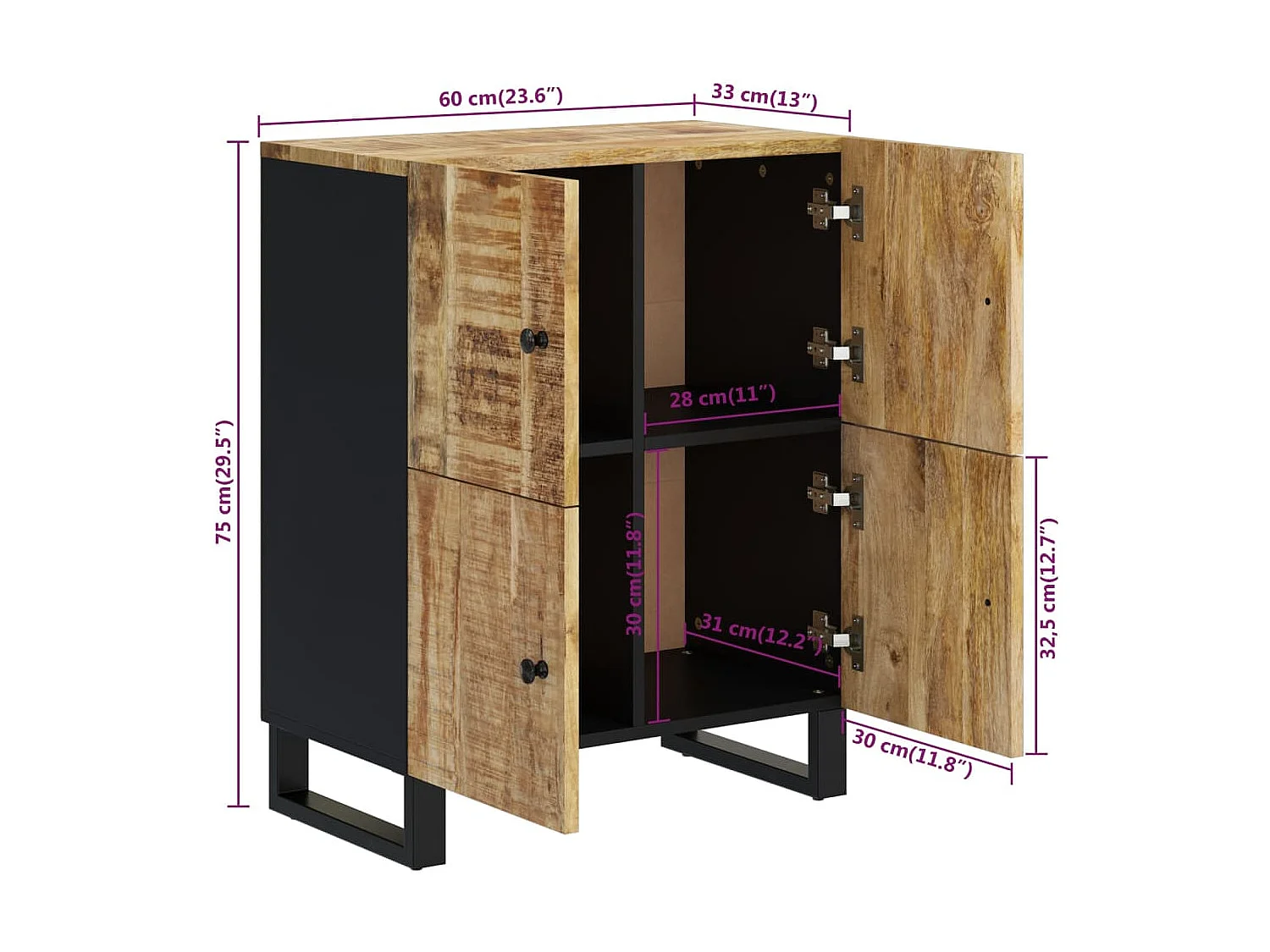 Credenza con 4 Ante 60x33x75 cm in Legno Massello di Mango