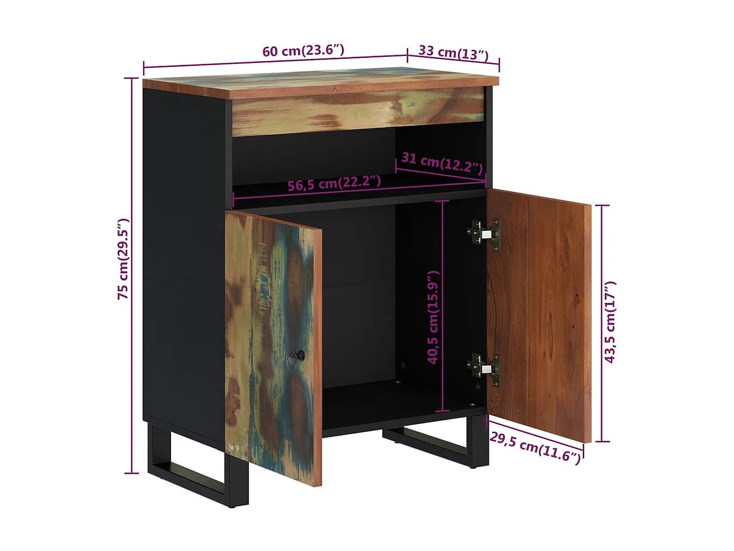 Dressoir met 2 deuren 60x33x75 cm massief gerecycled hout