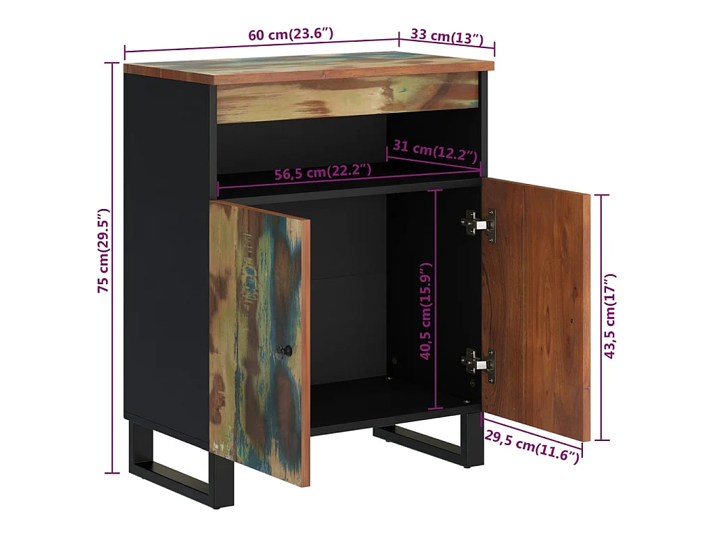 Credenza con 2 Ante 60x33x75 cm in Legno Massello di Recupero