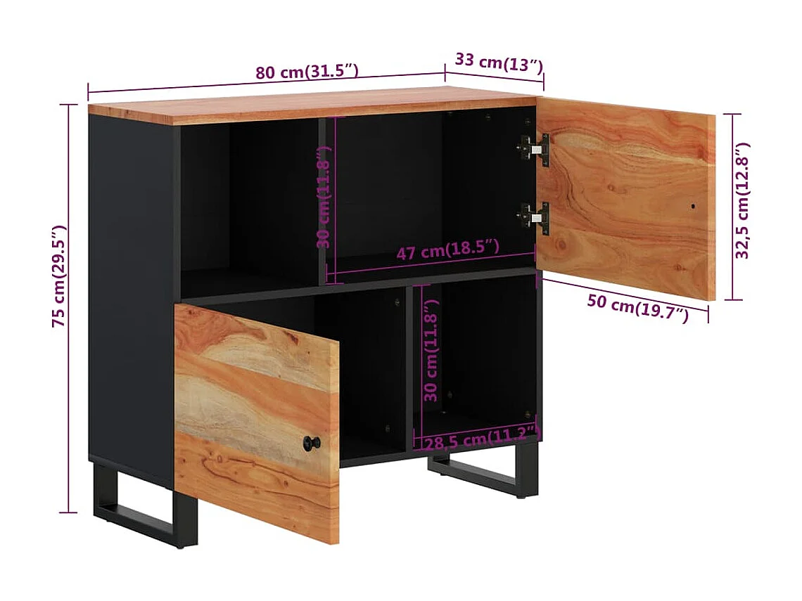 Aparador con 2 puertas madera maciza de acacia 80x33x75 cm