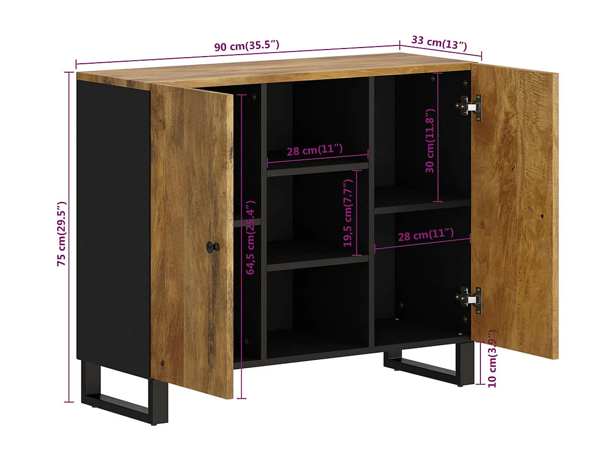 Buffet avec 2 portes 90x33x75 cm bois massif de manguier