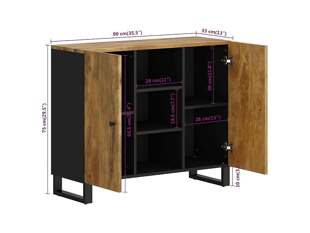 Buffet avec 2 portes 90x33x75 cm bois massif de manguier