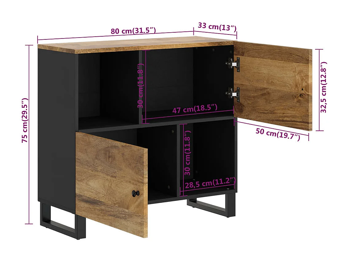 Buffet avec 2 portes 80x33x75 cm bois massif de manguier