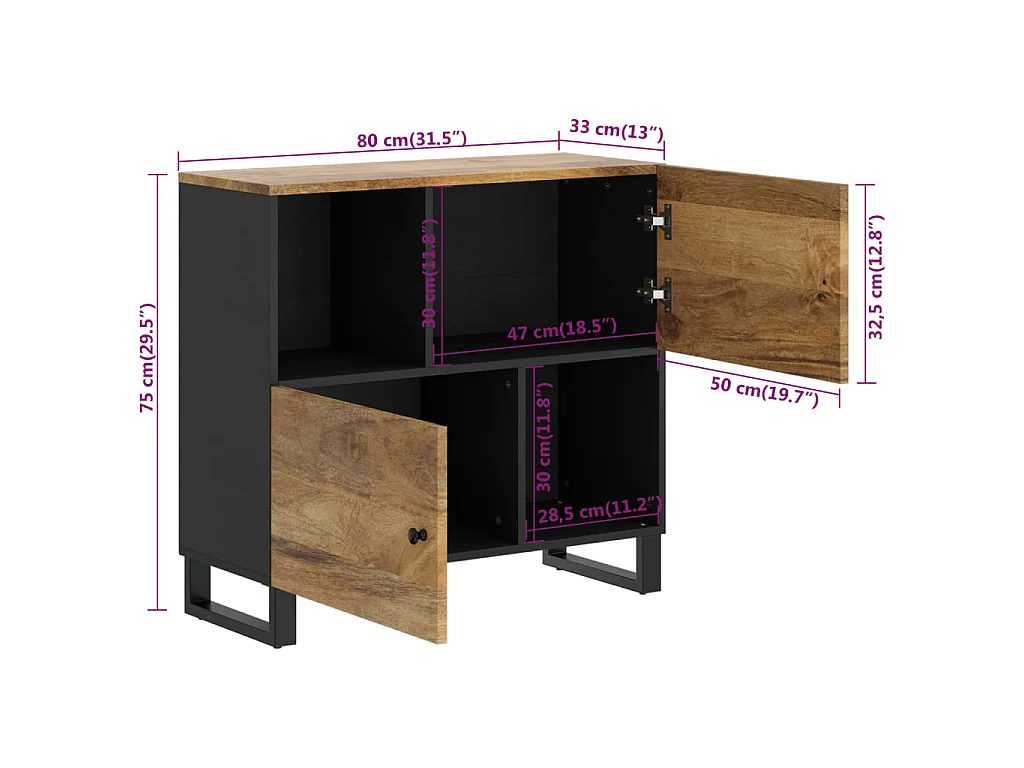 Buffet avec 2 portes 80x33x75 cm bois massif de manguier