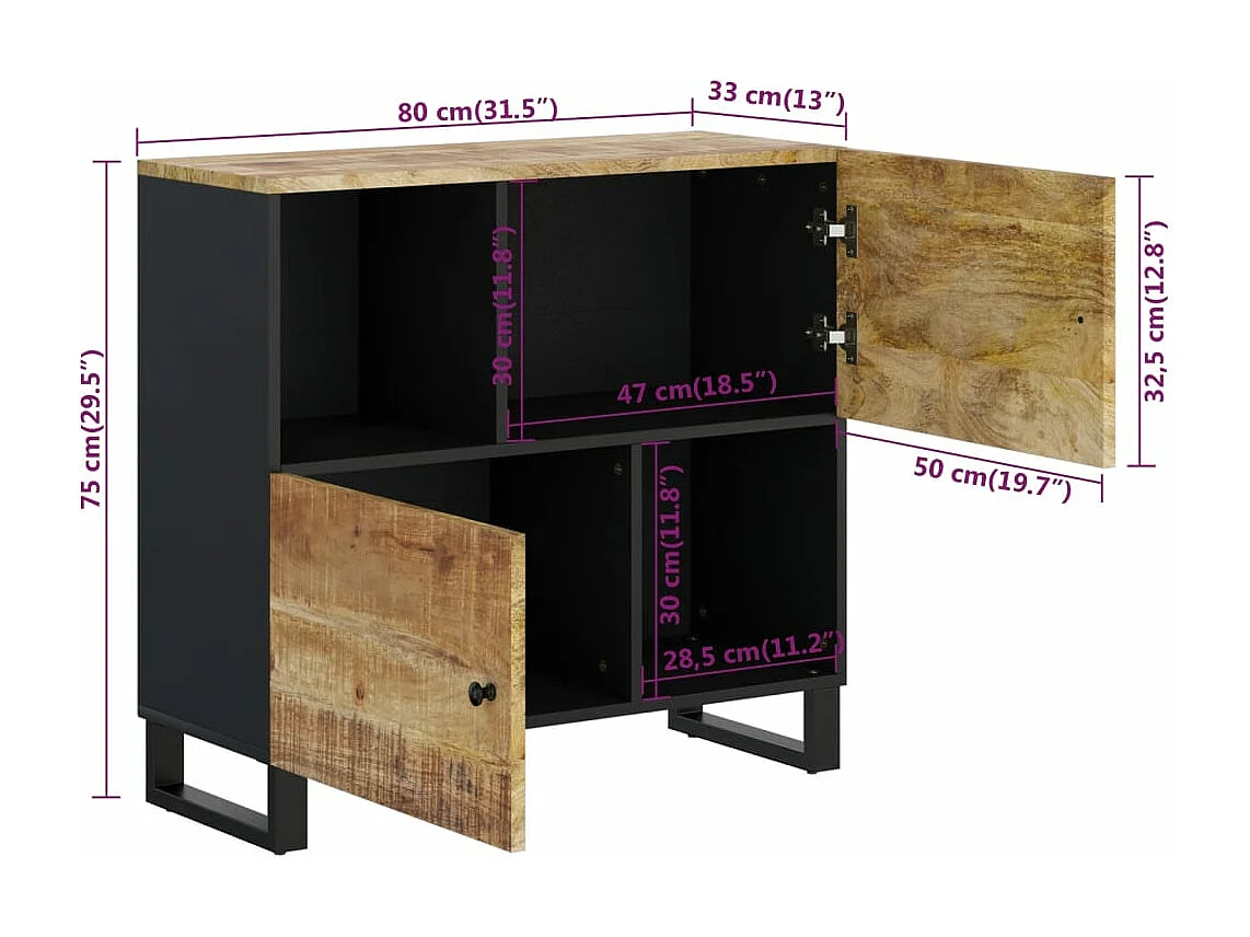 Buffet avec 2 portes 80x33x75 cm bois massif de manguier