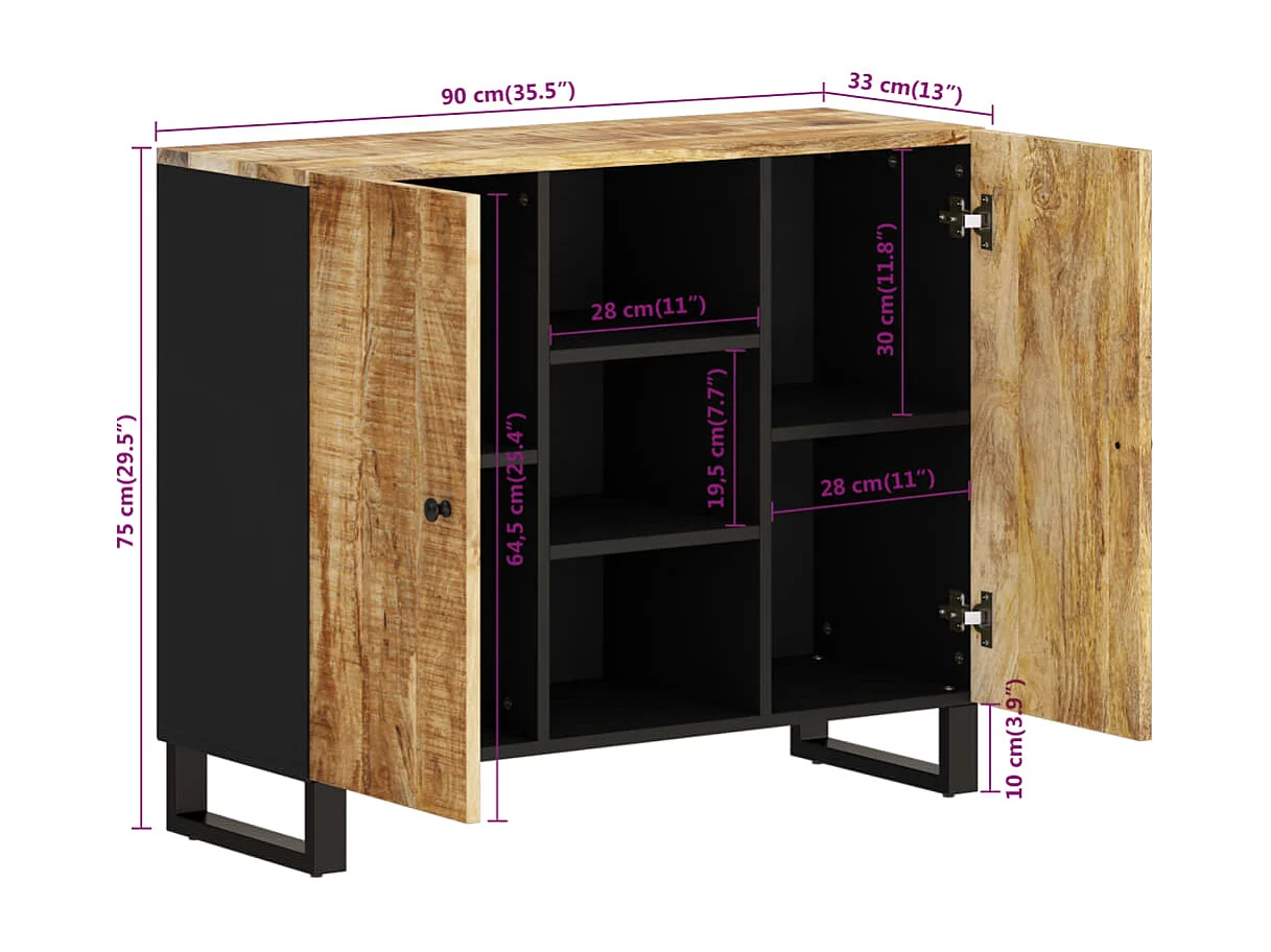 Aparador con 2 puertas madera maciza de mango 90x33x75 cm