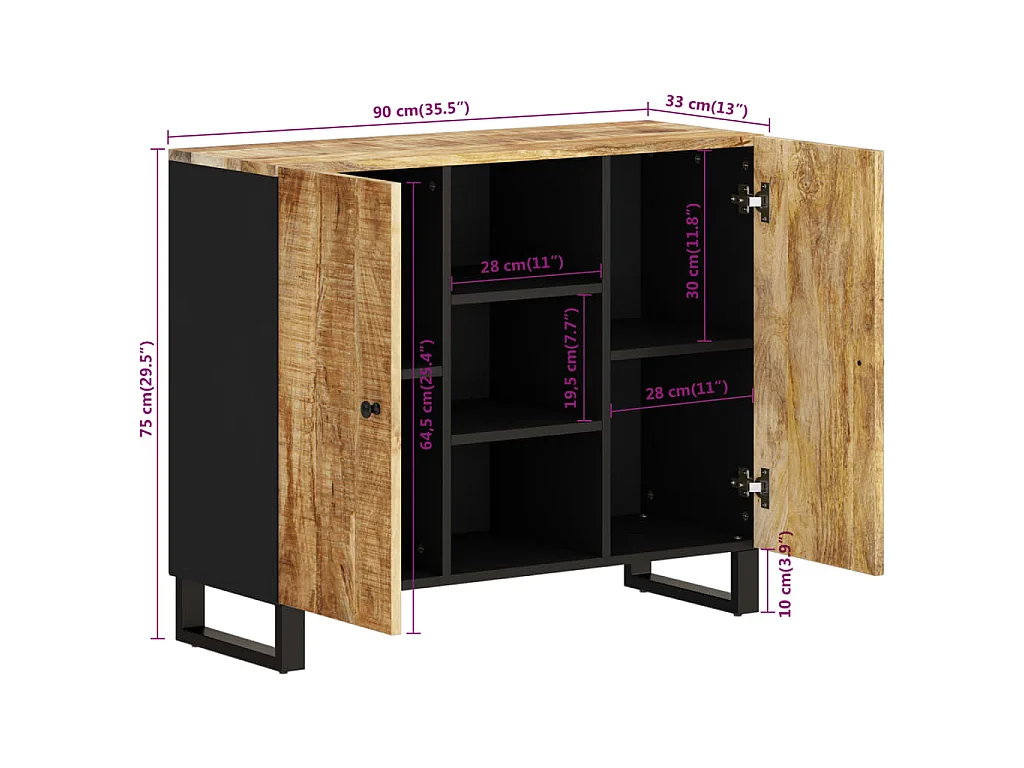 Credenza con 2 Ante 90x33x75 cm in Legno Massello di Mango