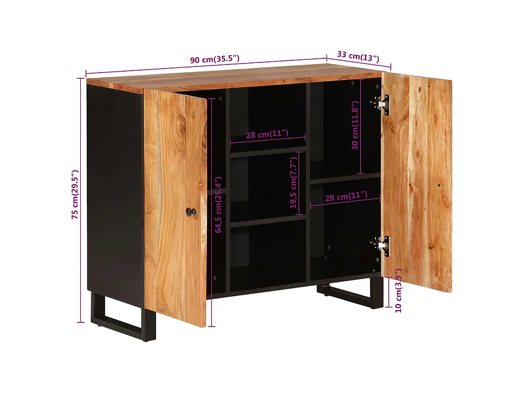 Buffet avec 2 portes 90x33x75 cm bois massif d'acacia