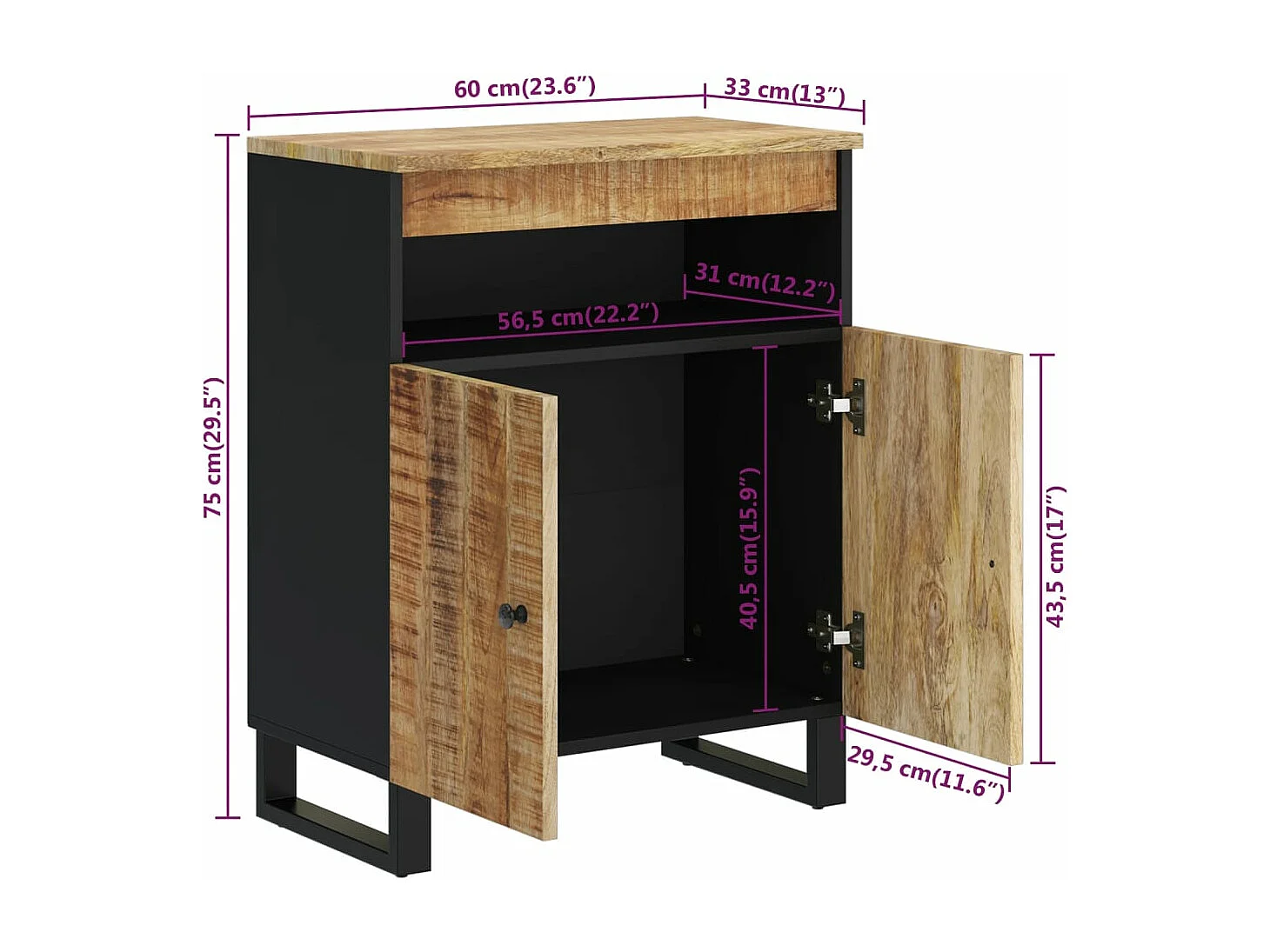 Buffet avec 2 portes 60x33x75 cm bois massif de manguier