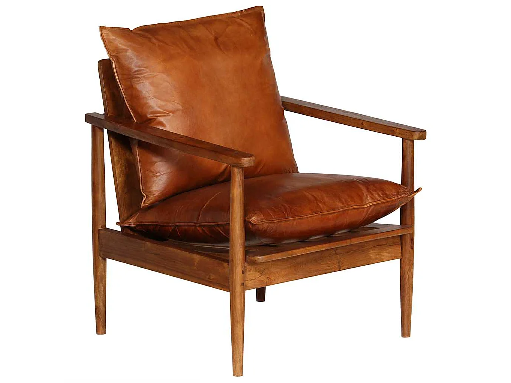 Fauteuil Marron Cuir véritable avec bois d'acacia