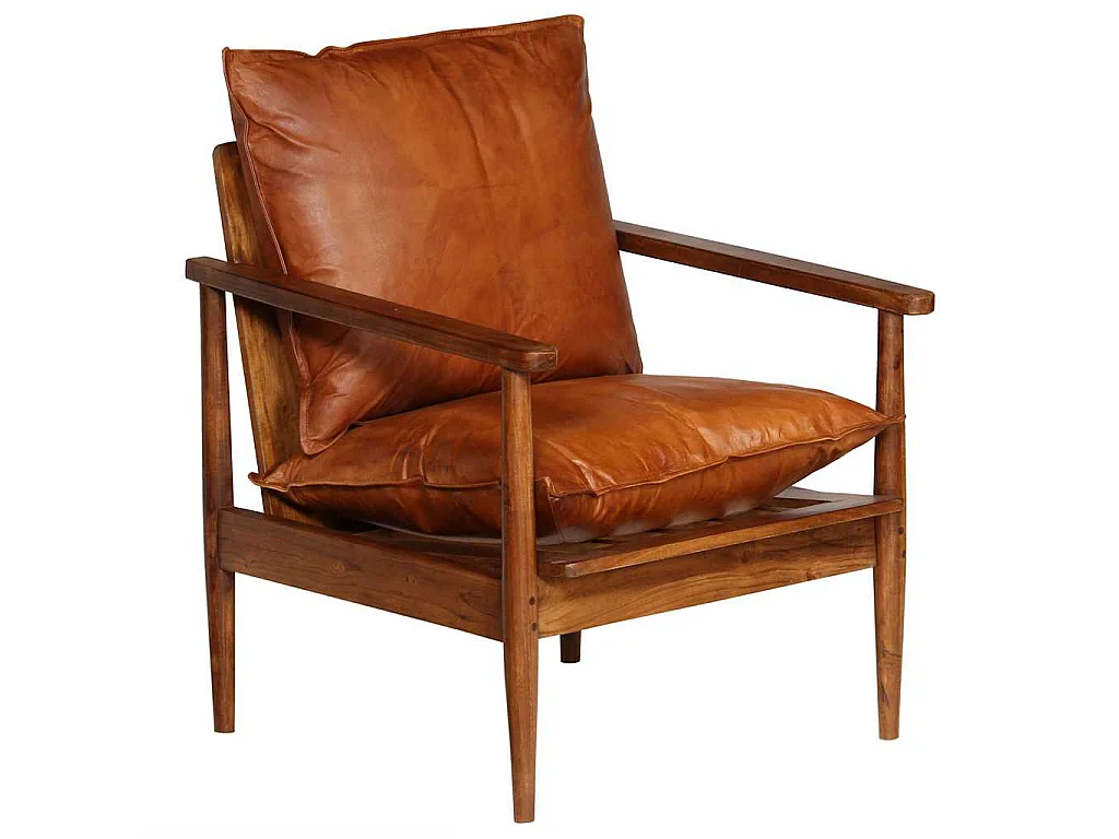 Fauteuil Marron Cuir véritable avec bois d'acacia