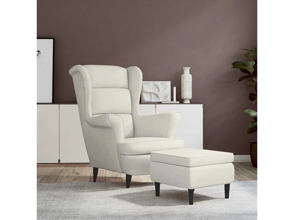 Fauteuil à oreilles avec tabouret crème velours
