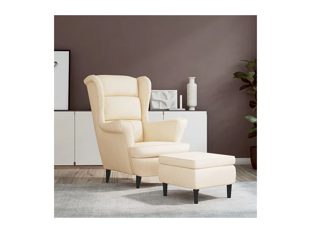 Fauteuil à oreilles avec tabouret crème velours