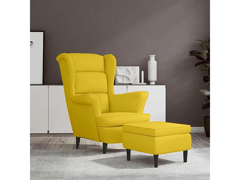 Fauteuil à oreilles avec tabouret jaune moutarde velours