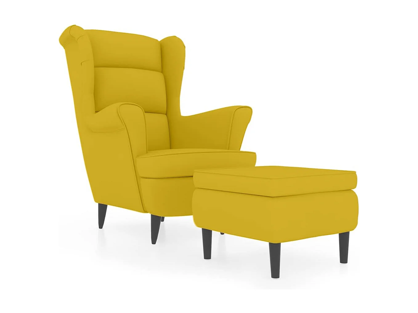 Fauteuil à oreilles avec tabouret jaune moutarde velours
